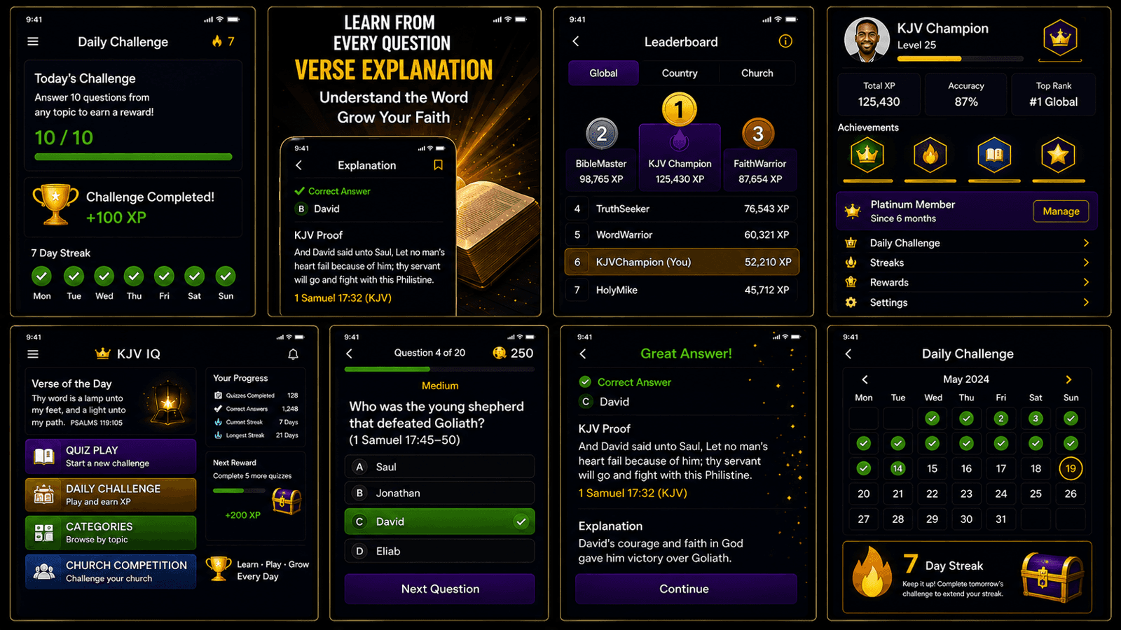 KJV IQ app screens: daily challenges, verse explanations, leaderboards, achievements, quiz questions, and streak calendar